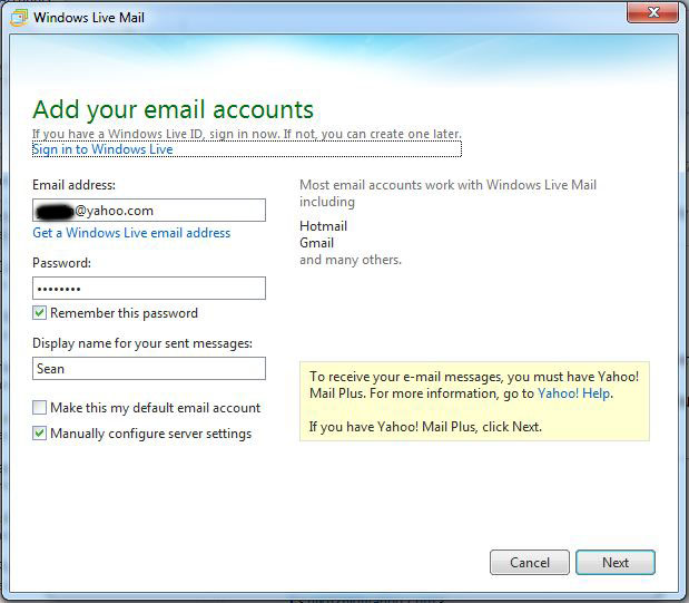 how to configure yahoomail in windows live mail